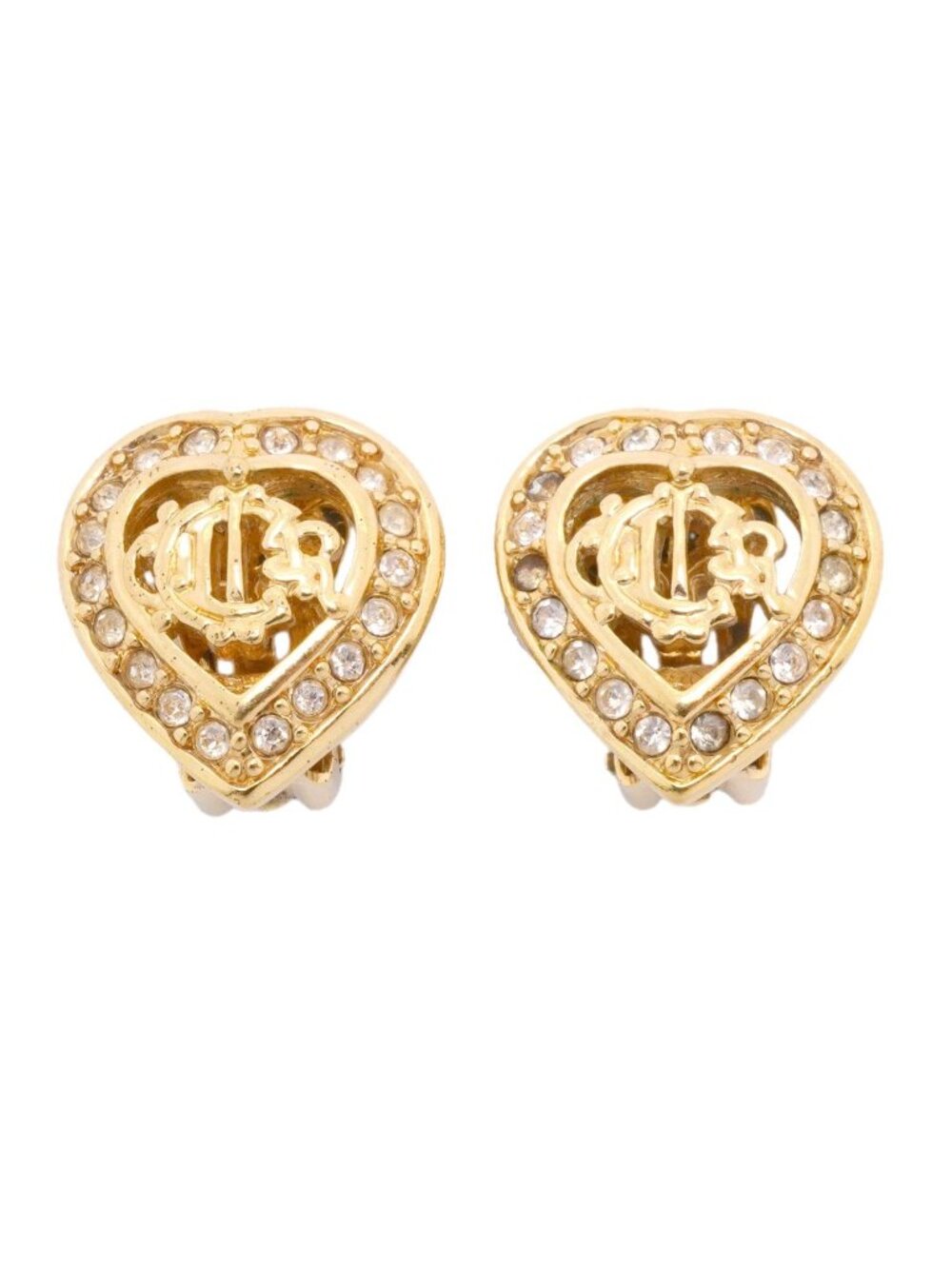 Dior Earrings Heart Motif Gold Plated Rhinestone